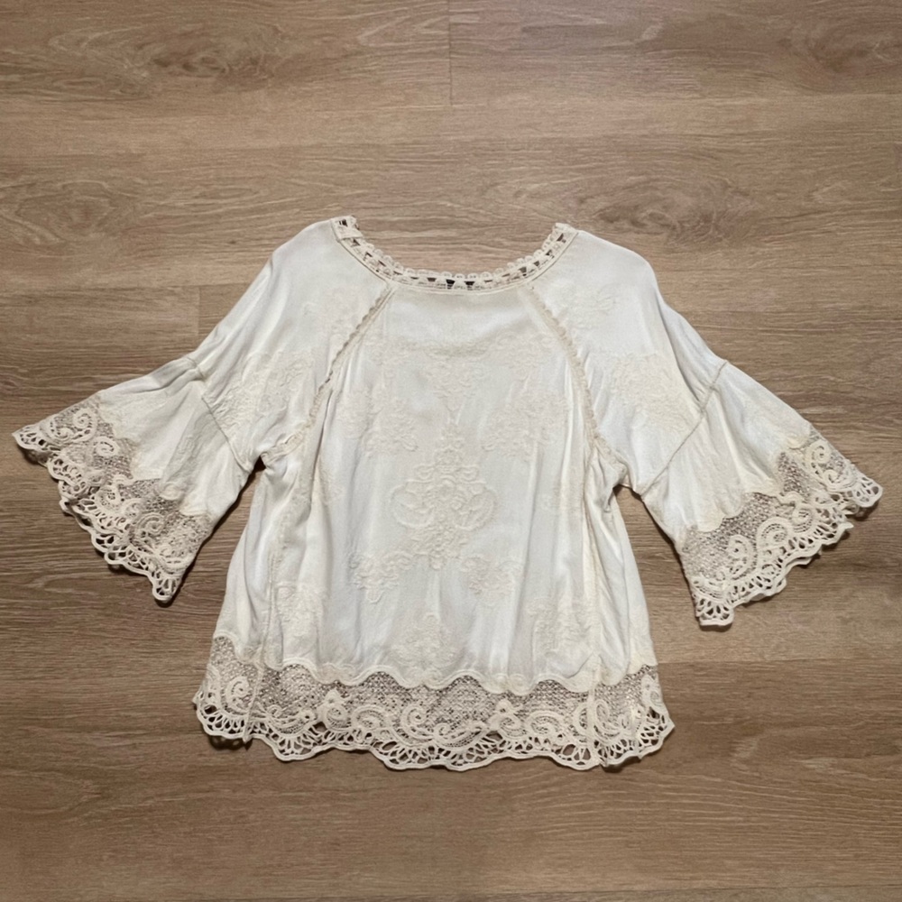 Democracy Embroidered Lace Ivory Color Cotton Blouse XS Boho, Beachy, Flowy - Picture 7 of 10